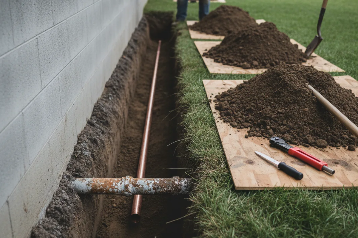 Excavated water line trench during Sewer Line Repair in Santa Fe